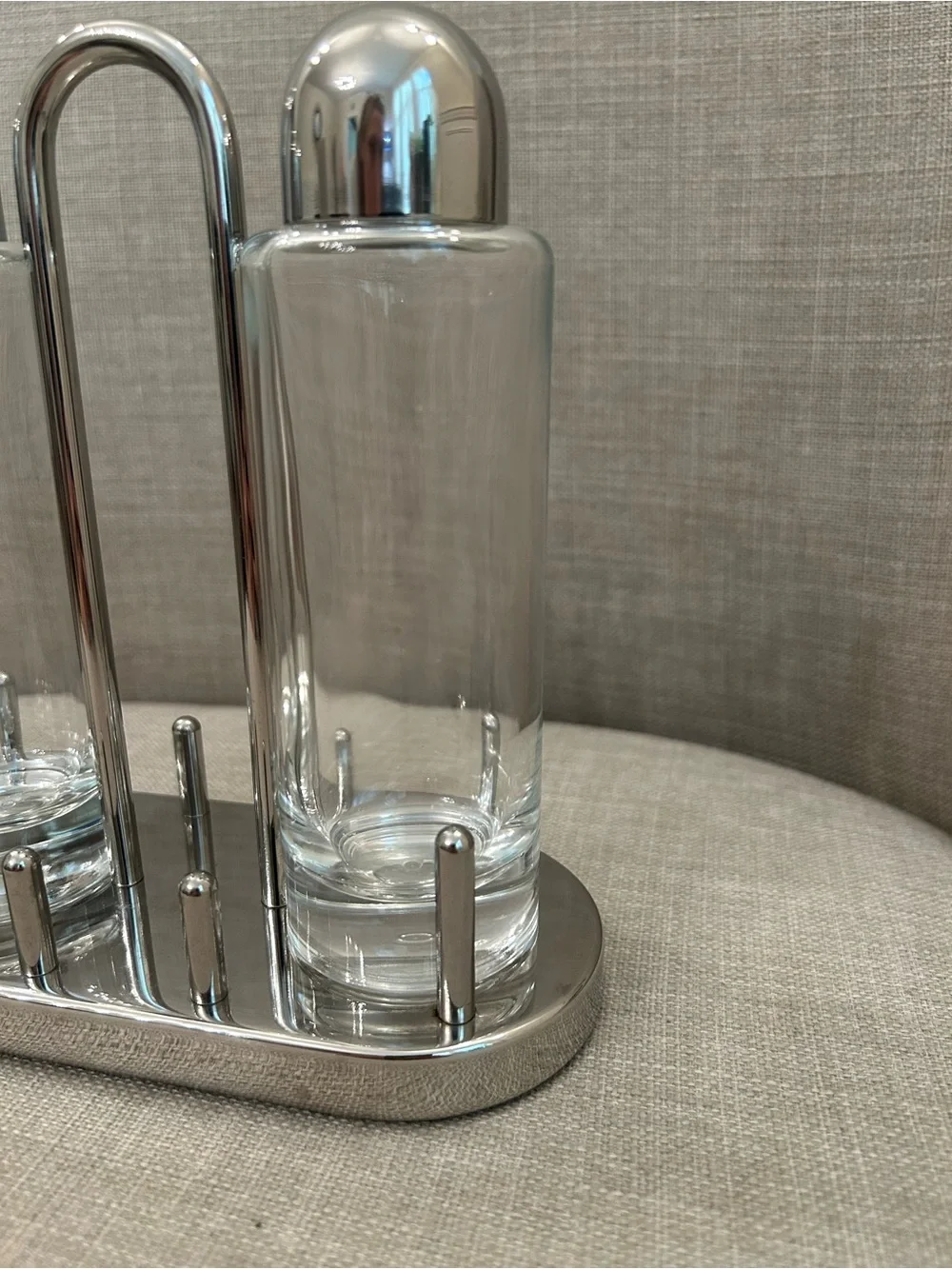 Ettore Sottsass for Alessi Italy Glass and Stainless Steel Oil Vinegar Cruet Set